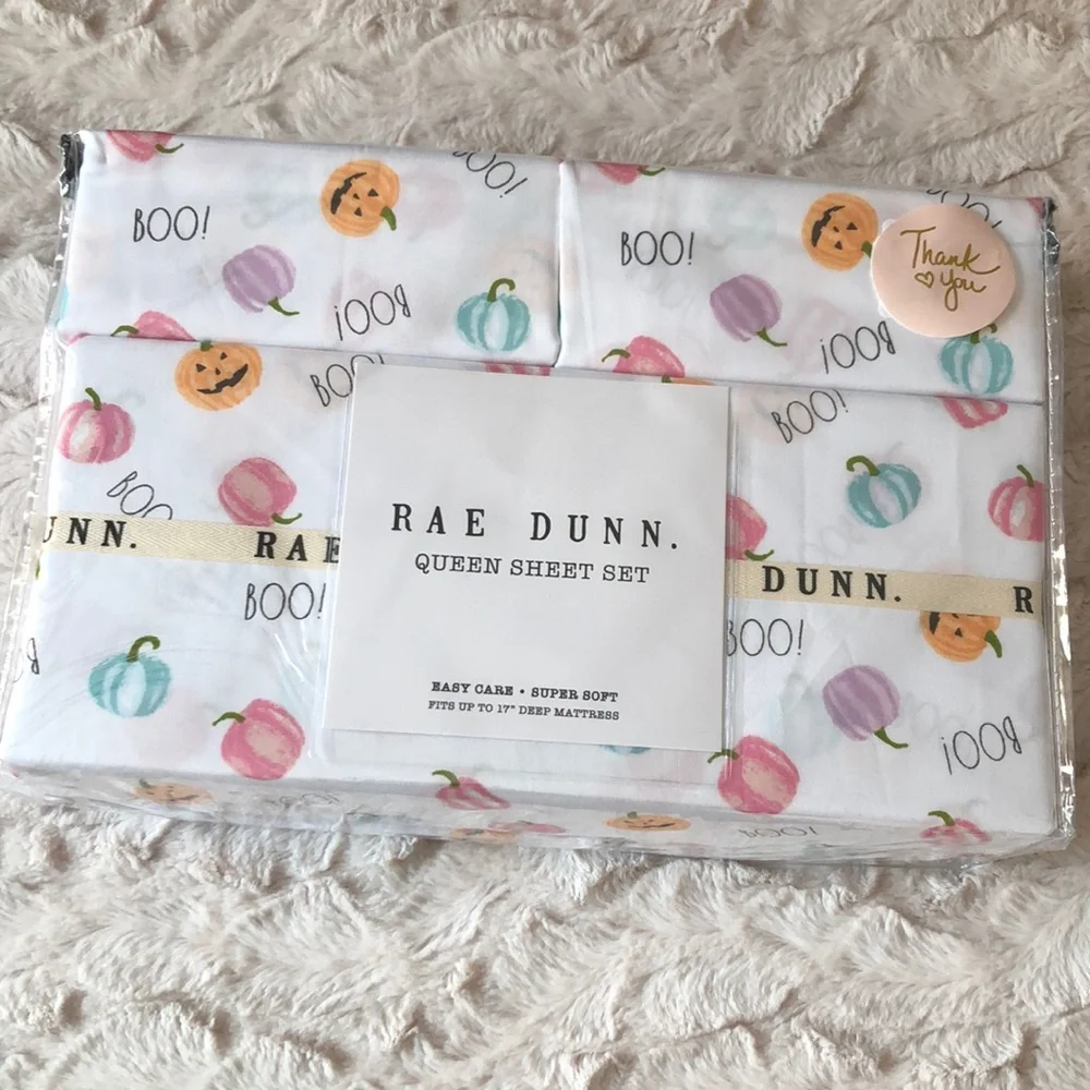 Rae Dunn BOO Halloween Pastel Pumpkins Jack O Lantern Sheet Set - QUEEN